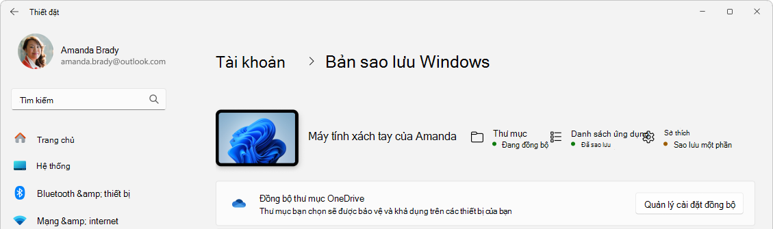 Ảnh chụp màn hình Cài đặt hiển thị trạng thái sao lưu Windows.