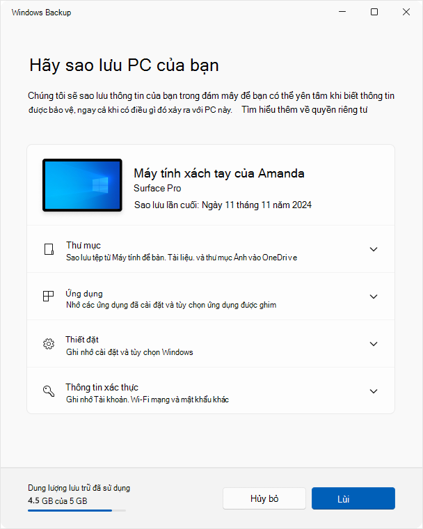 Ảnh chụp màn hình Windows Backup ảnh trong Windows 10.
