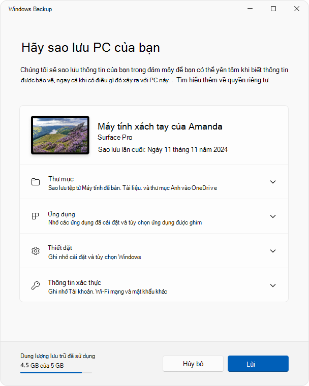 Ảnh chụp màn hình của Windows Backup dụng trong Windows 11.