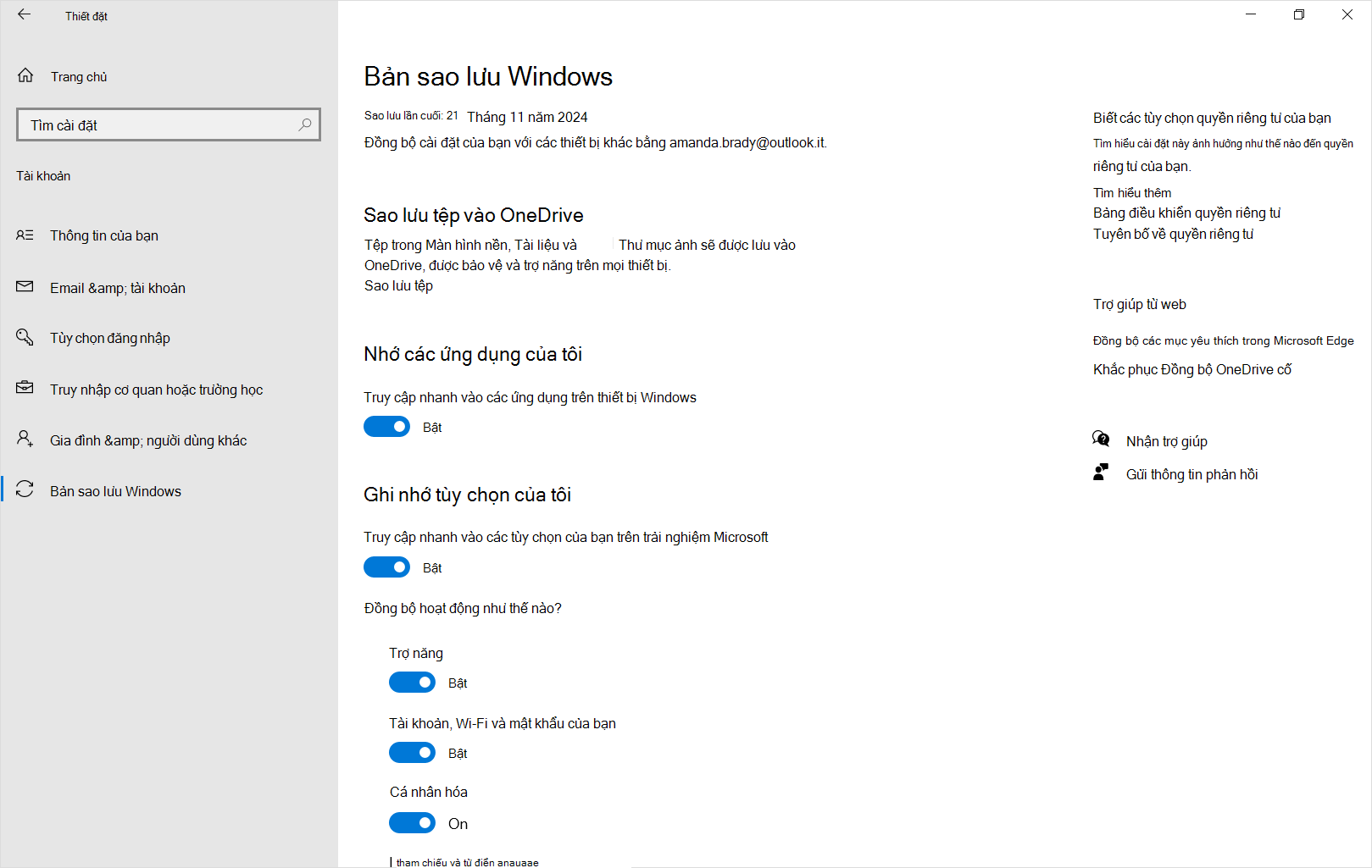 Ảnh chụp màn hình sao lưu Cài đặt Windows Windows 10.