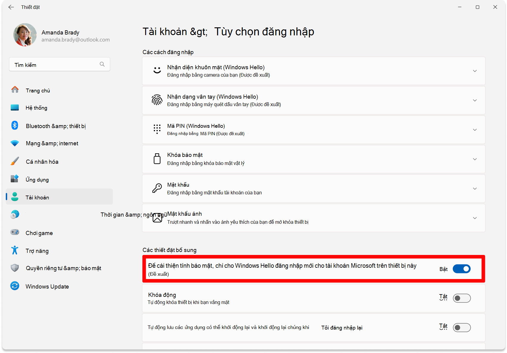 Screenshot of Settings - toggle to configure passwordless turned on.