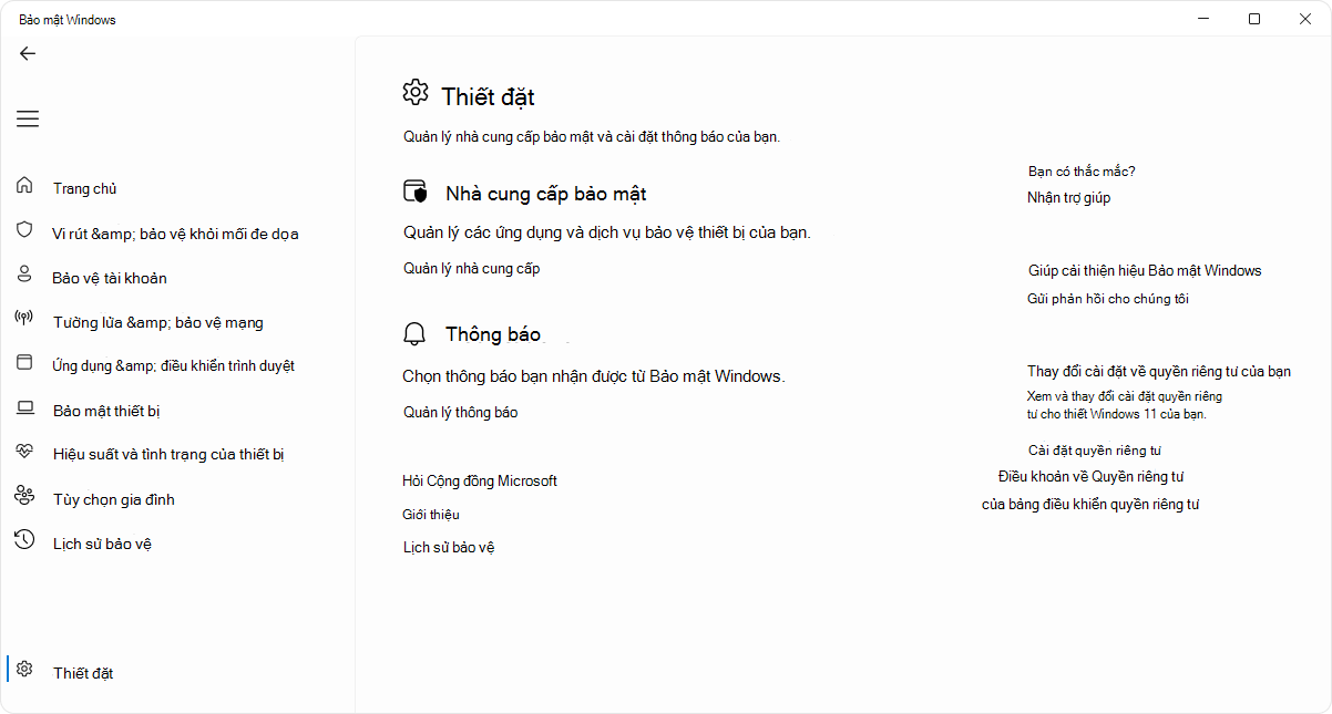 Ảnh chụp màn hình trang cài đặt của ứng Bảo mật Windows này.