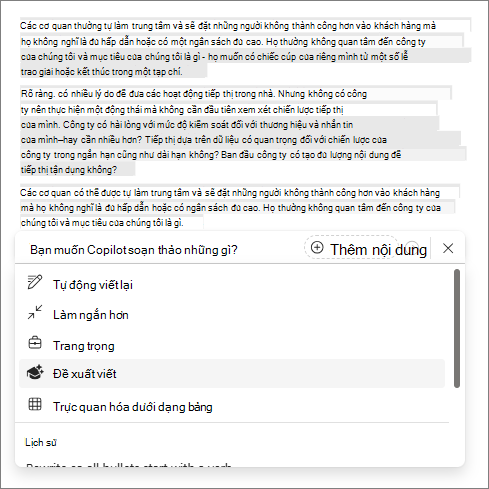 Tùy chọn đề xuất viết trong Copilot trong Word