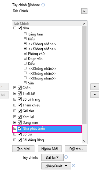 Tắt trên tab Nhà phát triển trong ribbon của Word