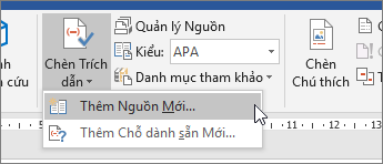 Trỏ tới Chèn Trích dẫn, rồi chọn Thêm Nguồn Mới