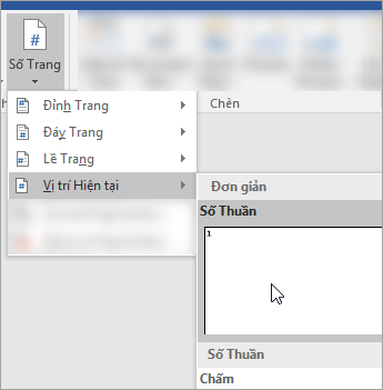 Ảnh chụp màn hình cho thấy việc chọn Số trang định dạng thuần tại vị trí hiện tại trong tài liệu