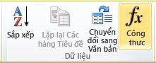 Nhóm Dữ liệu của tab Bố trí Công cụ Bảng trong ribbon Word 2010
