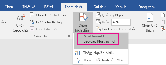 Danh sách các câu trích dẫn được hiển thị từ nút Chèn Trích dẫn