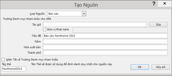 Hiện các tùy chọn trong hộp thoại Tạo Nguồn