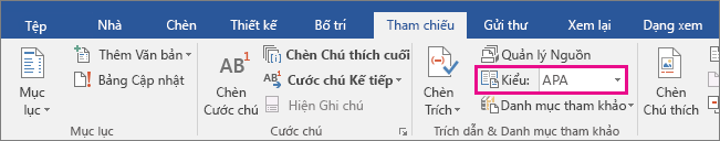 Tùy chọn Kiểu APA được tô sáng trên tab Tham chiếu