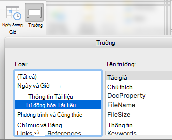 Ảnh chụp màn hình cho thấy mã trường được lọc theo thể loại Thông tin Tài liệu