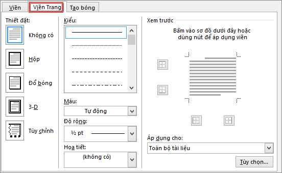 Tab Viền Trang của hộp thoại Viền và Màu nền trong Word 2010