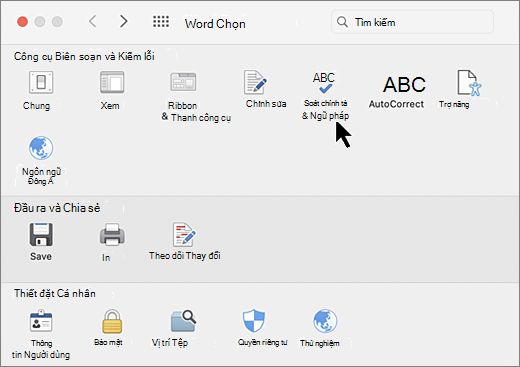 Hộp thoại Tùy chọn trên máy Mac với Chính tả được chọn
