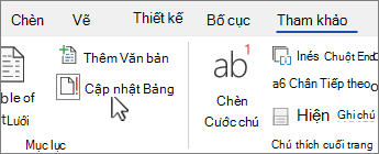 Tab Tham chiếu hiển thị nút cập nhật bảng