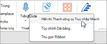 Hiển thị Thanh công cụ Truy nhập Nhanh được chọn trên menu