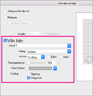 Hộp thoại Chèn Hình nền mờ với khung tô sáng xung quanh tùy chọn Văn bản