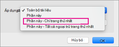Menu Áp dụng cho với trang Đầu tiên chỉ được tô sáng