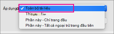 Menu Áp dụng cho với Toàn bộ tài liệu được tô sáng.