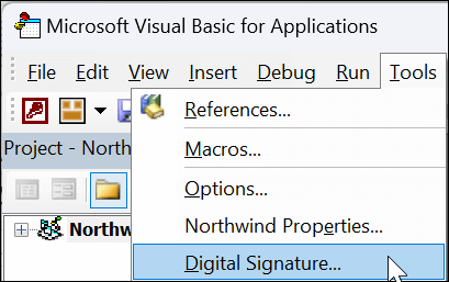 Microsoft Visual Basic for Applications窗口，下拉菜单上选择了“数字签名”选项。