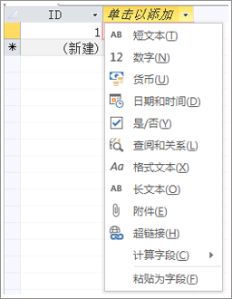 显示“单击以添加”数据类型下拉列表框的屏幕片段