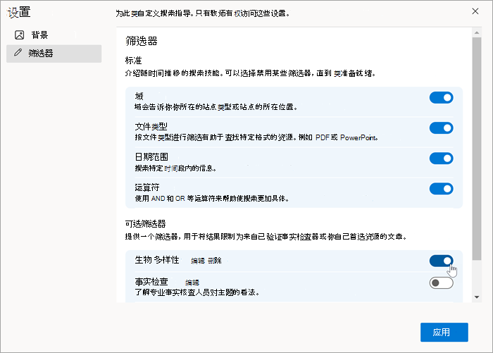 自定义筛选器在创建后显示在筛选器设置中的屏幕截图。可以打开和关闭它。
