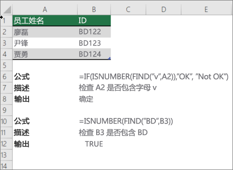 使用 IF、ISNUMBER 和 FIND 函数检查单元格的一部分是否与特定文本匹配的示例