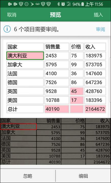 通过 Excel 导入图片中的数据功能可以更正在转换数据时发现的任何问题。