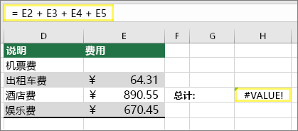带 =E2+E3+E4+E5 的单元格 H4 和 #VALUE 结果！