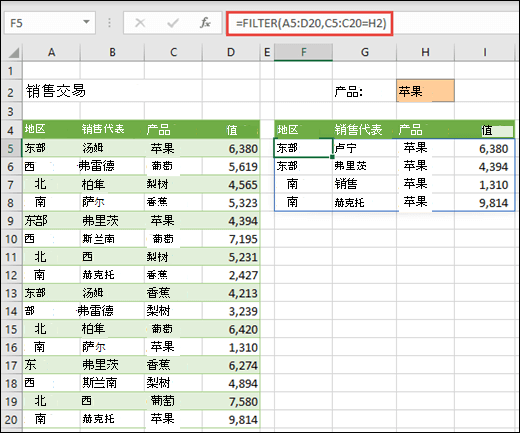 FILTER 函数 - 按产品 (Apple) 筛选区域