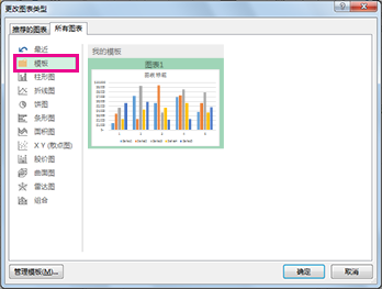 显示“插入图表”对话框中“所有图表”选项卡上的“模板”文件夹的屏幕截图。