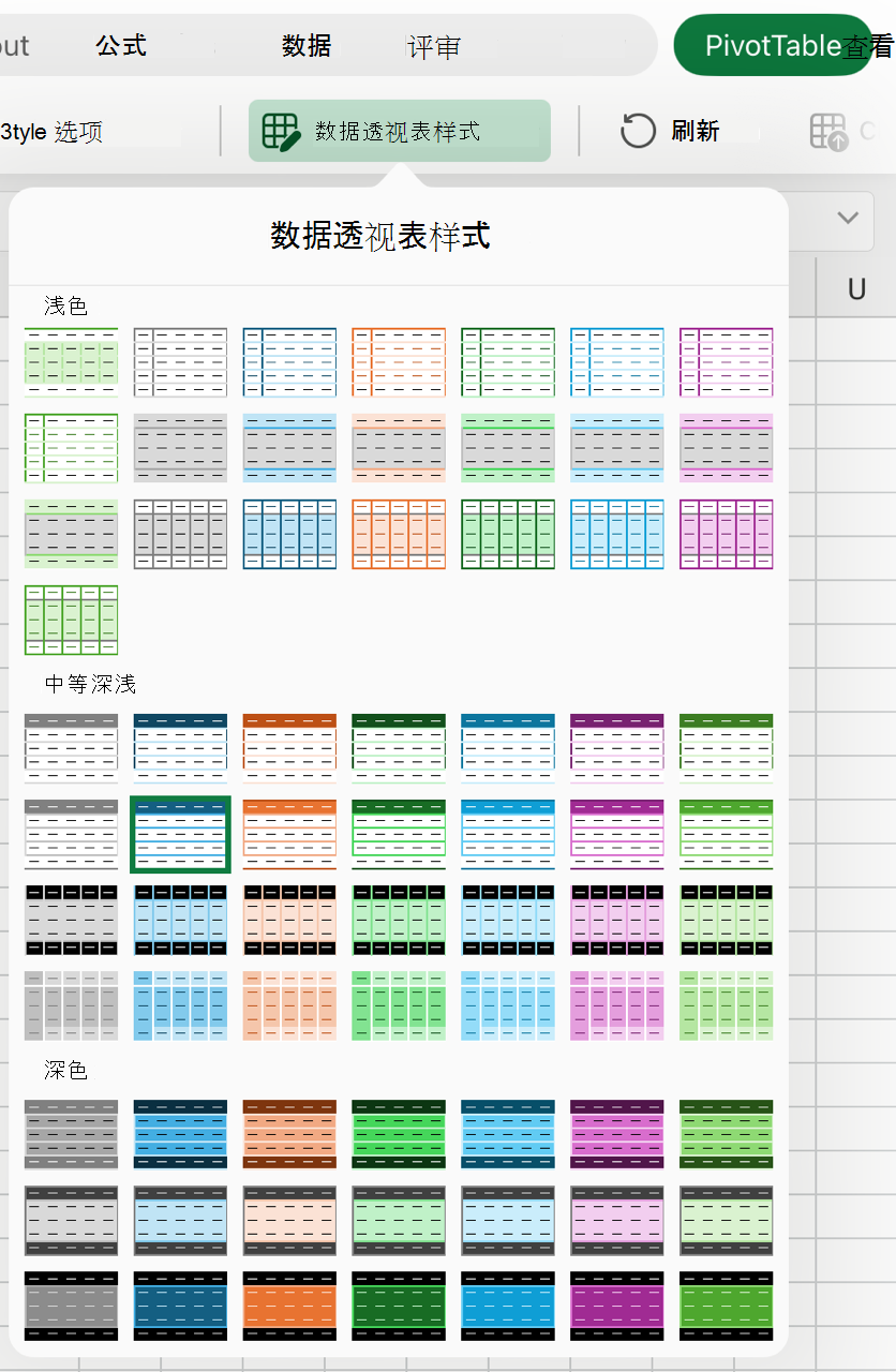 iPad 上的数据透视表样式库