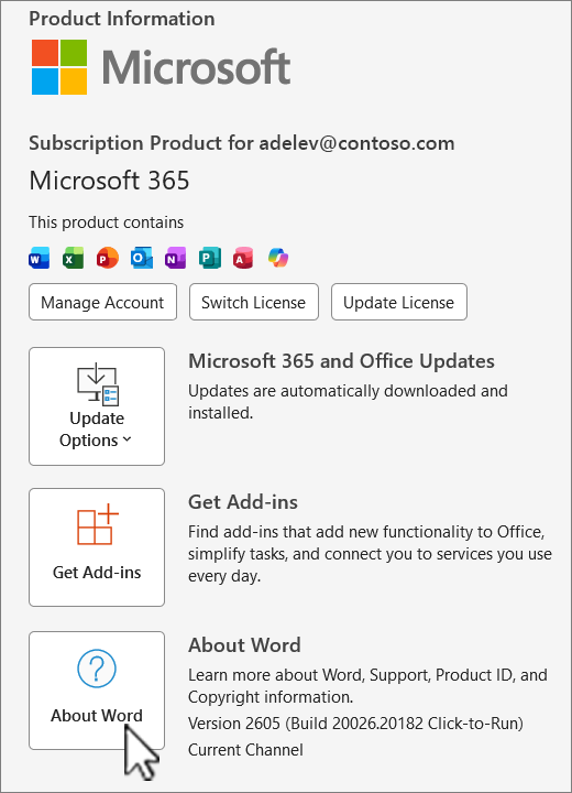 显示Office 365的版本视图的屏幕截图。
