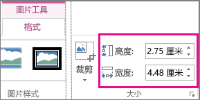 “图片工具”下的“格式”选项卡上的“高度”和“宽度”框