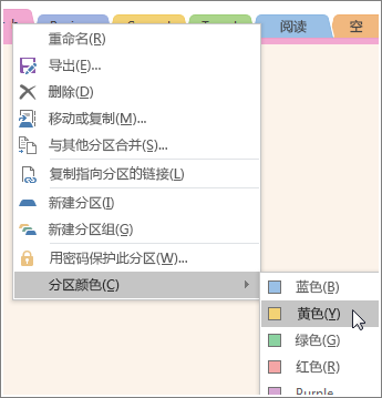 如何在 OneNote 2016 中更改分区颜色的屏幕截图。