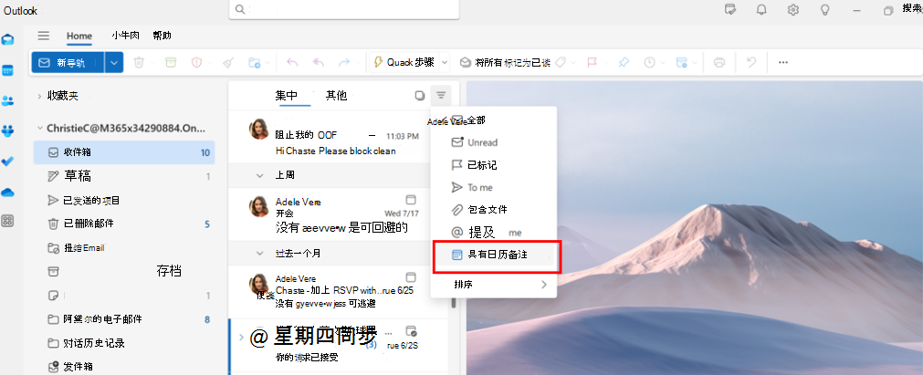 显示执行管理员可以使用“具有日历邀请”电子邮件筛选器的屏幕截图