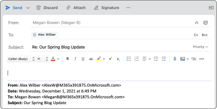 Outlook for Mac 中的“回复”按钮。