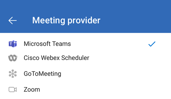 在 Outlook on Android 中选择默认联机会议提供商