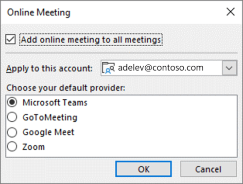 Windows 版 Outlook - 选择默认联机会议提供商