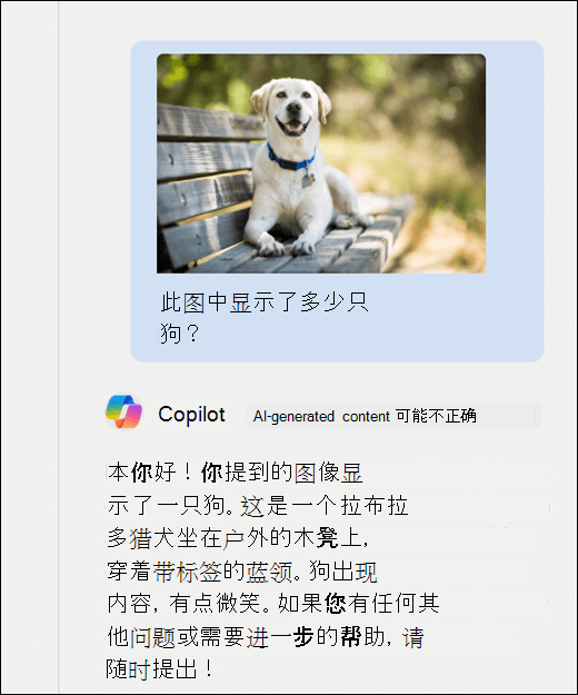 Copilot 的屏幕截图。已将狗的图像与提示一起粘贴到此图像中显示了多少只狗？Copilot 已准确响应并提供图像的其他说明。