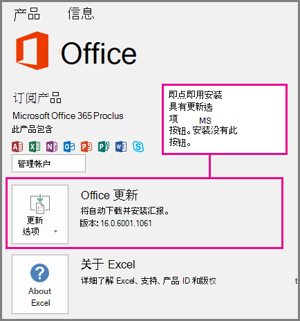 显示即点即用安装在“帐户”页上具有“更新选项”按钮的屏幕截图。基于 MSI 的安装没有此按钮。
