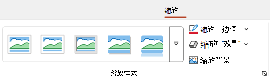 PowerPoint 功能区上的“缩放”选项卡包括边框和背景等格式设置选项。