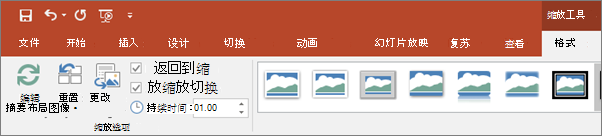 显示 PowerPoint 中的功能区的“格式”选项卡上的“缩放定位工具”。