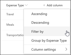 SharePoint 列标题筛选依据菜单选项