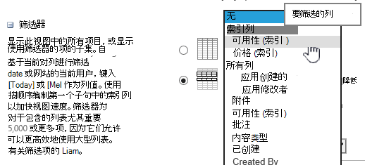 在 SharePoint Online 中，选择已索引的字段