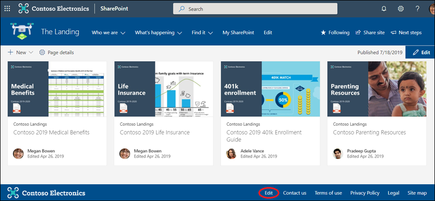 在 SharePoint 通信网站页脚中添加或编辑链接和标签。