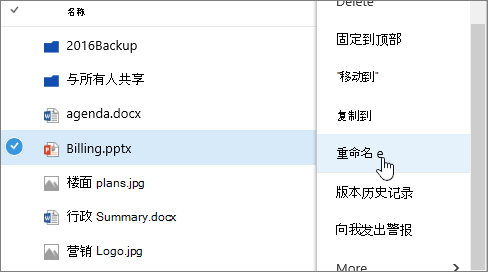 突出显示“重命名”的椭圆菜单