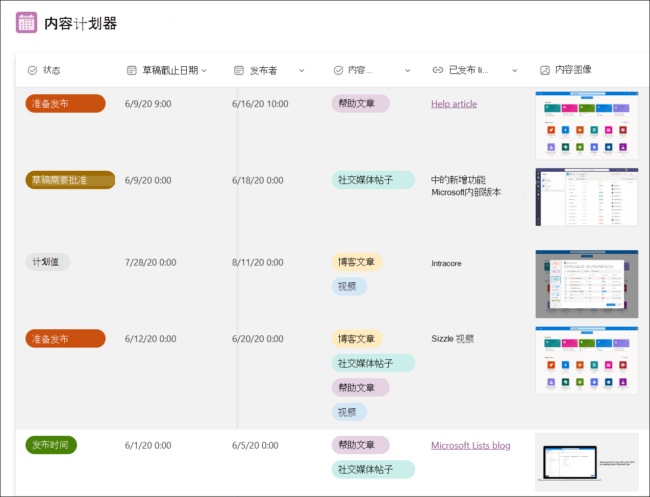 内容计划程序模板示例的屏幕截图