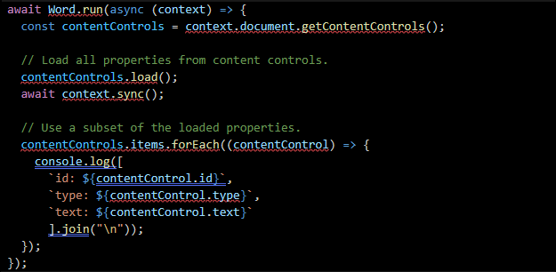 Word JavaScript API 代码示例屏幕截图
