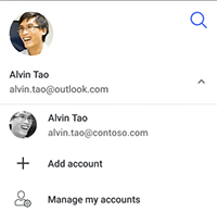 屏幕截图，其中包含用于切换帐户、添加帐户或管理我的帐户的选项