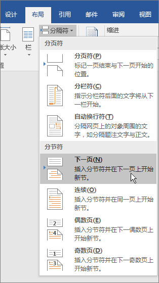 分隔符选项显示在“布局”选项卡上。
